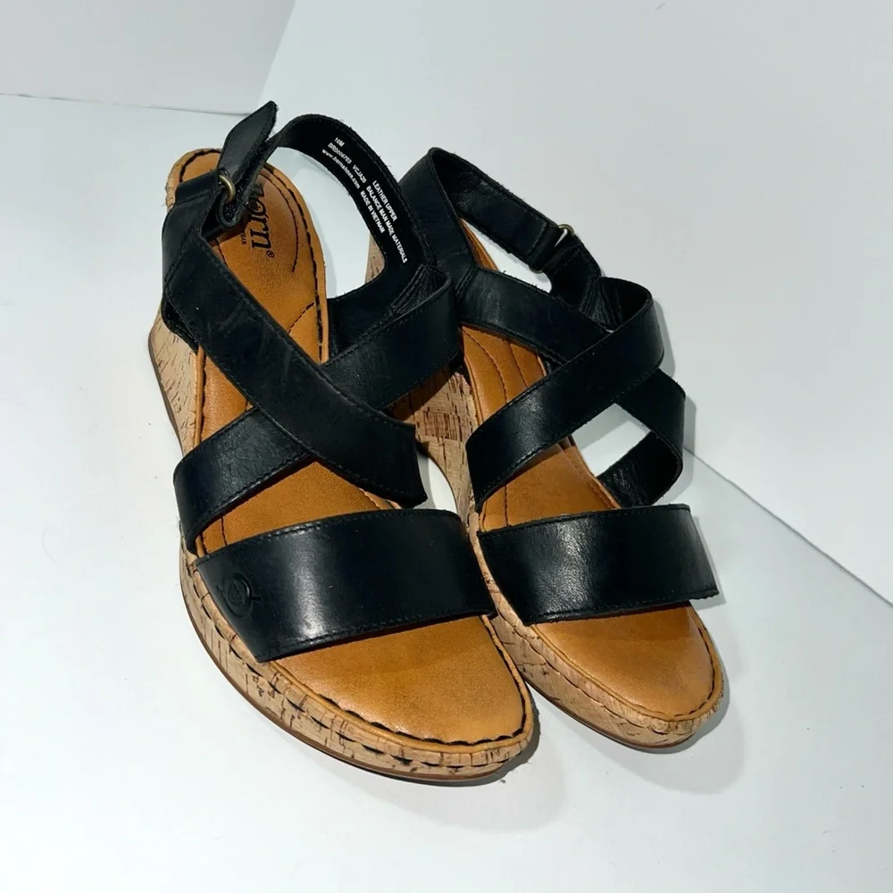 Born Women's‎ Leather Straps Cork Platform Sandal Wedge Black, Size 10